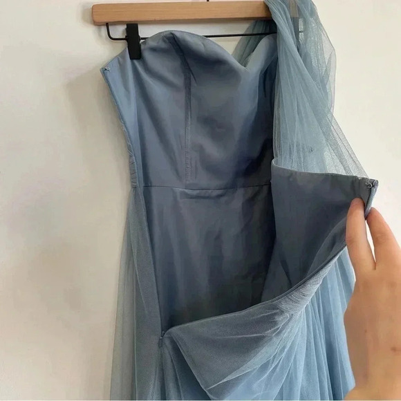 Revelry Belle Tulle Blue Gray Maxi Bridesmaid Wedding Dress One Shoulder Formal - Picture 7 of 15